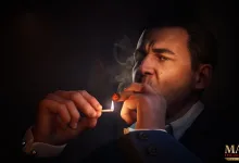 A sharply dressed man lights a cigar in a dark room in a Mafia: The Old Country Man of Honor wallpaper.