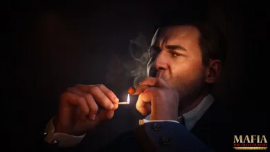 A sharply dressed man lights a cigar in a dark room in a Mafia: The Old Country Man of Honor wallpaper.