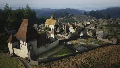 Aerial view of a medieval Manor Lords settlement with a church, fields, and surrounding wooded hills