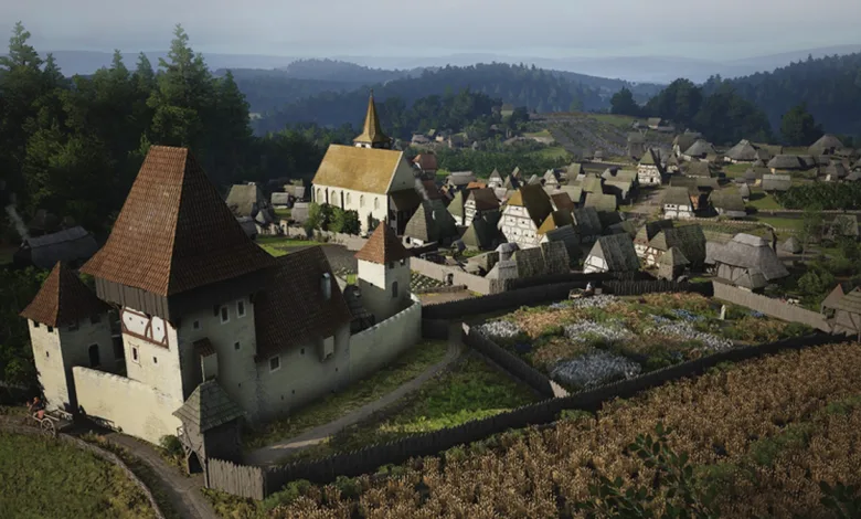 Aerial view of a medieval Manor Lords settlement with a church, fields, and surrounding wooded hills