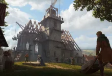 A stone church under construction in Manor Lords, with timber framing, workers, and construction materials around the building