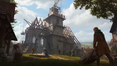 A stone church under construction in Manor Lords, with timber framing, workers, and construction materials around the building