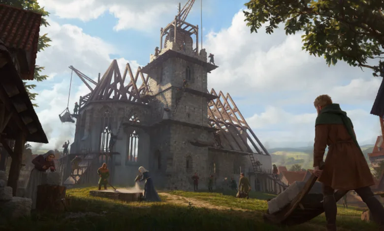 A stone church under construction in Manor Lords, with timber framing, workers, and construction materials around the building