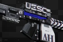 Close-up view of the Firestorm weapon with UESC markings from Marathon's Ordnance Heist