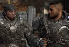 Marcus Fenix and Dominic Santiago stand together in combat armor in Gears of War: E-Day