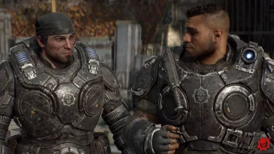 Marcus Fenix and Dominic Santiago stand together in combat armor in Gears of War: E-Day