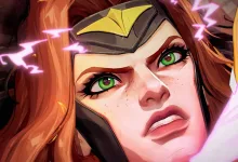 Close-up of a red-haired Marvel Rivals character with green eyes and glowing pink effects