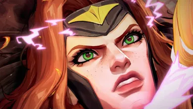 Close-up of a red-haired Marvel Rivals character with green eyes and glowing pink effects