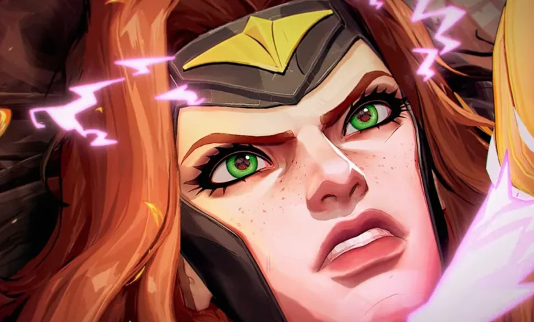 Close-up of a red-haired Marvel Rivals character with green eyes and glowing pink effects