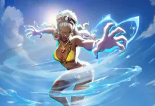 Storm wears the Sacred Skies swimsuit cosmetic in Marvel Rivals, surrounded by swirling water and lightning.