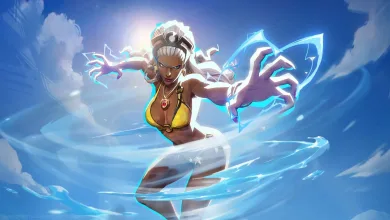 Storm wears the Sacred Skies swimsuit cosmetic in Marvel Rivals, surrounded by swirling water and lightning.