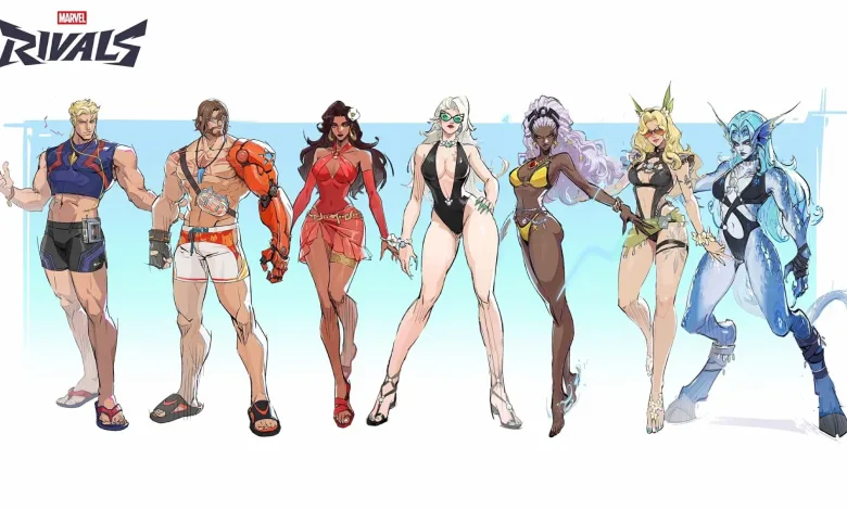 Marvel Rivals characters wearing the new Summer Festival swimsuit costumes