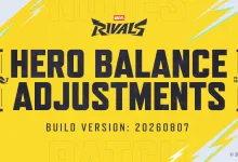 Yellow Marvel Rivals graphic announcing hero balance adjustments for build version 20260807