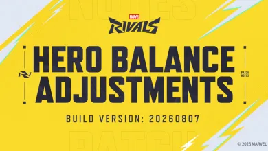 Yellow Marvel Rivals graphic announcing hero balance adjustments for build version 20260807