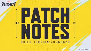 Yellow Marvel Rivals patch notes graphic showing build version 20260820