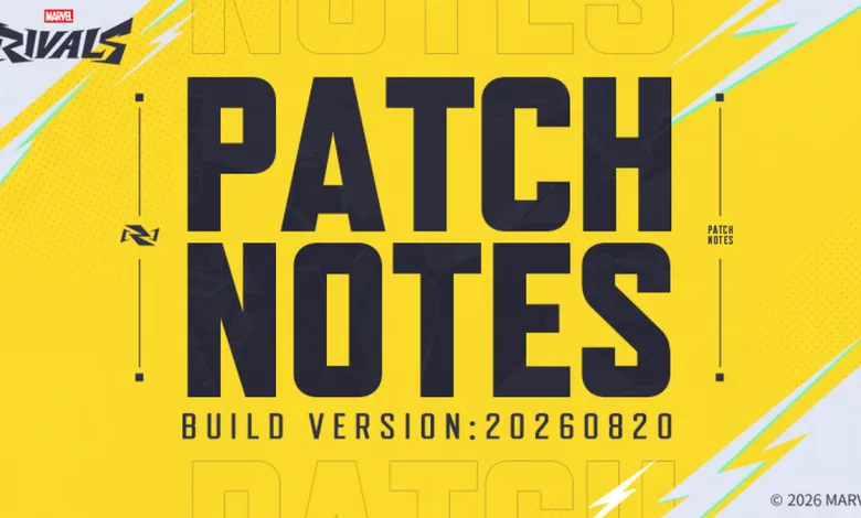 Yellow Marvel Rivals patch notes graphic showing build version 20260820