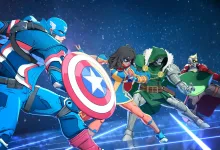 Captain America and other MARVEL Tōkon: Fighting Souls characters battle on a blue-lit stage.