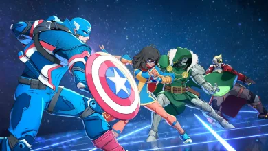 Captain America and other MARVEL Tōkon: Fighting Souls characters battle on a blue-lit stage.