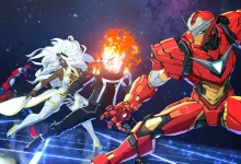 Marvel Tōkon: Fighting Souls characters, including Captain America and Ghost Rider, battle on a blue-lit stage