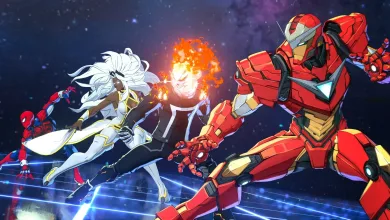 Marvel Tōkon: Fighting Souls characters, including Captain America and Ghost Rider, battle on a blue-lit stage