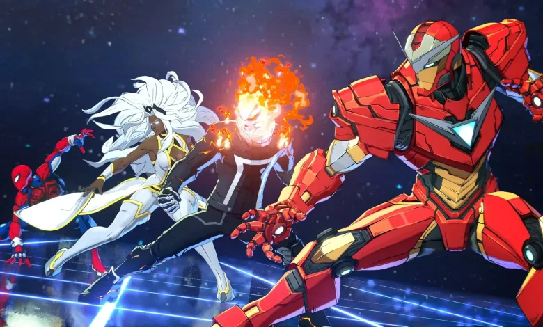 Marvel Tōkon: Fighting Souls characters, including Captain America and Ghost Rider, battle on a blue-lit stage