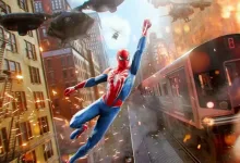 Spider-Man swings above a city train while aircraft and explosions fill the background