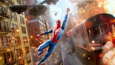 Spider-Man swings above a city train while aircraft and explosions fill the background