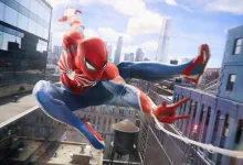 Spider-Man swings between New York buildings in Marvel's Spider-Man