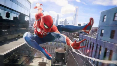 Spider-Man swings between New York buildings in Marvel's Spider-Man