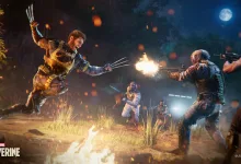 Wolverine leaps toward armed enemies during a nighttime combat encounter