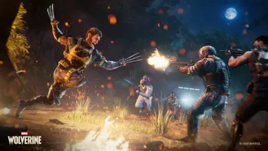 Wolverine leaps toward armed enemies during a nighttime combat encounter