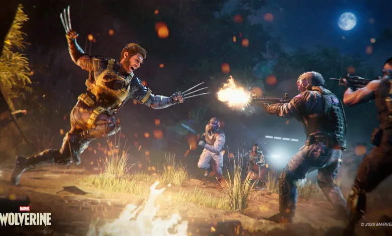 Wolverine leaps toward armed enemies during a nighttime combat encounter