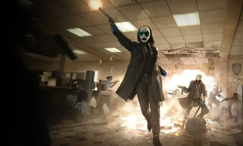 A masked PAYDAY 3 heister walks through a damaged bank during a robbery