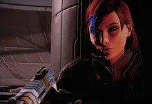A red-haired Mass Effect character holding a rifle inside a futuristic interior.