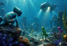 Colorful chameleon characters explore an underwater environment filled with coral, ruins, and a submerged vessel.