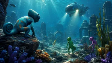 Colorful chameleon characters explore an underwater environment filled with coral, ruins, and a submerged vessel.