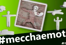 White pose figures surround a tilted photo of a brick-wall figure on a bright green background, with the hashtag #mecchaemote and a JST-2026.8.8 deadline shown below.
