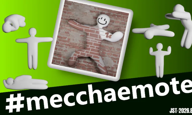 White pose figures surround a tilted photo of a brick-wall figure on a bright green background, with the hashtag #mecchaemote and a JST-2026.8.8 deadline shown below.