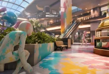 A painted chameleon-like character crouches beside a planter in a colorful multi-level shopping mall.