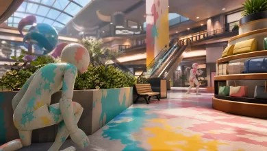 A painted chameleon-like character crouches beside a planter in a colorful multi-level shopping mall.
