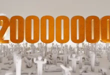 Large orange numbers reading 20,000,000 above a crowd of white Meccha Chameleon figures