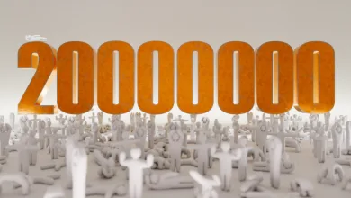Large orange numbers reading 20,000,000 above a crowd of white Meccha Chameleon figures