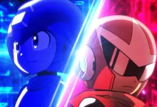 Mega Man and Proto Man face opposite directions in a split-screen image from Mega Man: Dual Override