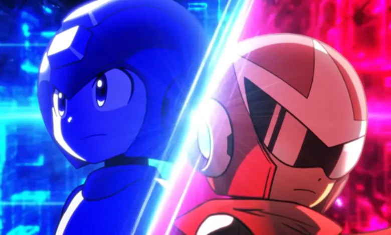 Mega Man and Proto Man face opposite directions in a split-screen image from Mega Man: Dual Override