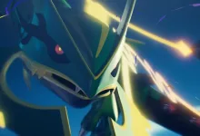 Close-up artwork of Mega Rayquaza surrounded by bright energy effects