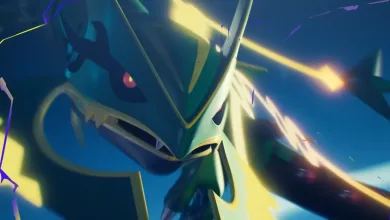 Close-up artwork of Mega Rayquaza surrounded by bright energy effects