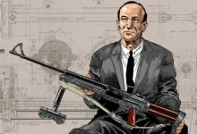 Illustration of Melvin Johnson holding a machine gun over technical drawings