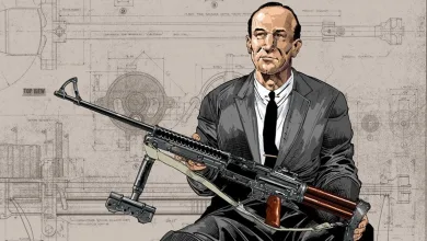 Illustration of Melvin Johnson holding a machine gun over technical drawings