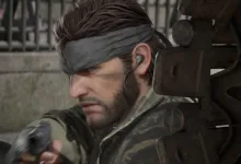Snake aims a weapon from cover in a Metal Gear scene