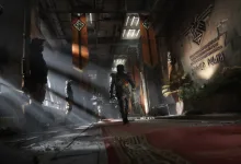 A lone figure walks through a damaged Metro station beneath hanging propaganda banners and shafts of light.